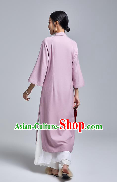 China Classical Lilac Woolen Cheongsam Costume Traditional Young Lady Embroidered Orchids Qipao Dress