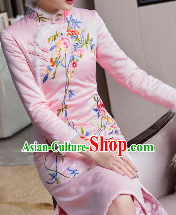 Chinese Tang Suit Cheongsam Bride Costume Traditional Wedding Embroidered Pink Qipao Dress