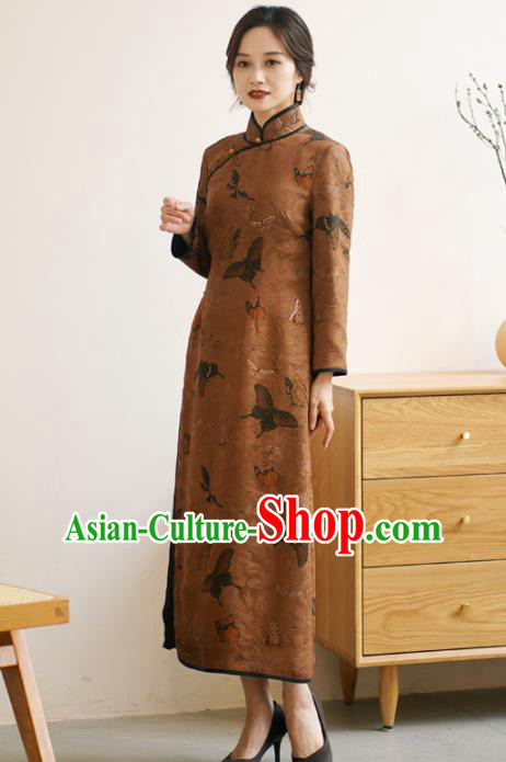 Republic of China Classical Butterfly Pattern Design Qipao Dress Top Brown Silk Female Cheongsam