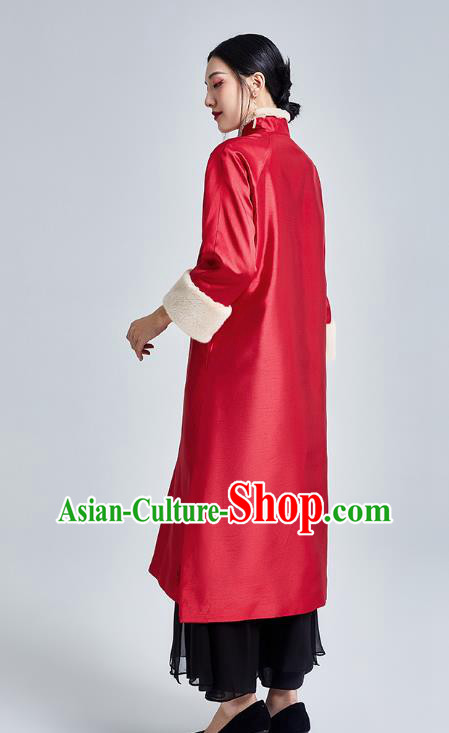China Classical Embroidered Red Silk Cheongsam Costume Traditional Young Lady Cotton Wadded Qipao Dress
