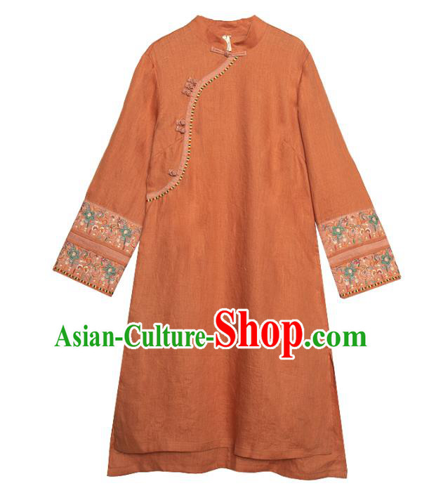 Chinese Traditional Tang Suit Long Shirt Classical Cheongsam Embroidered Orange Flax Blouse