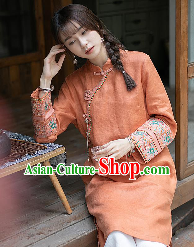 Chinese Traditional Tang Suit Long Shirt Classical Cheongsam Embroidered Orange Flax Blouse