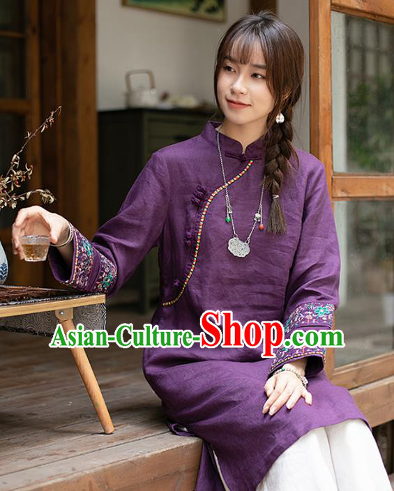 Chinese Classical Cheongsam Embroidered Purple Flax Blouse Traditional Tang Suit Long Shirt