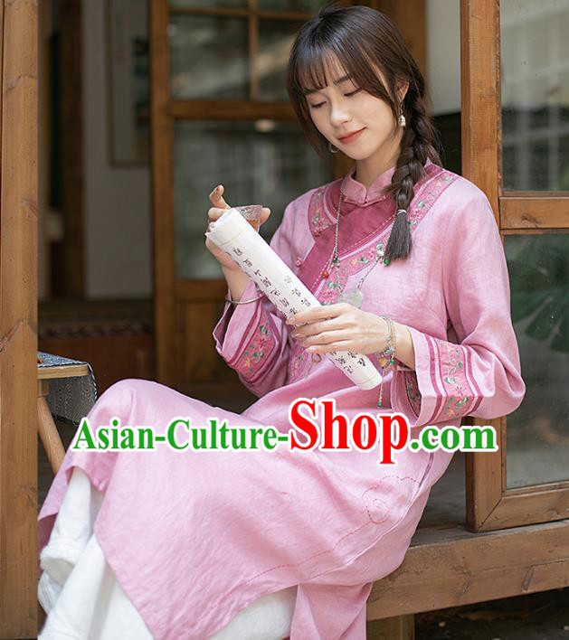 China Classical Embroidered Cheongsam Zen Costume Traditional Young Lady Pink Flax Qipao Dress