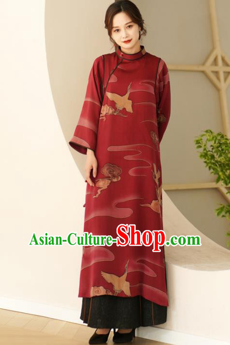 Top Female Red Silk Cheongsam Republic of China Classical Cranes Pattern Design Qipao Dress Clothing