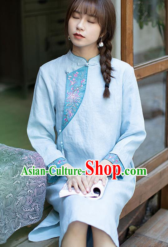 China Traditional Young Lady Blue Flax Qipao Dress Classical Embroidered Cheongsam Zen Costume