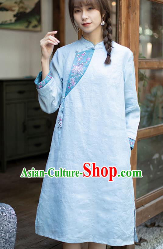 China Traditional Young Lady Blue Flax Qipao Dress Classical Embroidered Cheongsam Zen Costume
