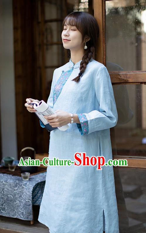 China Traditional Young Lady Blue Flax Qipao Dress Classical Embroidered Cheongsam Zen Costume
