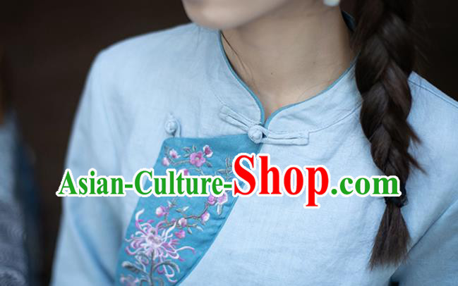 China Traditional Young Lady Blue Flax Qipao Dress Classical Embroidered Cheongsam Zen Costume
