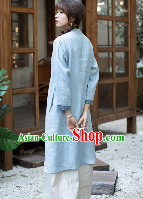 China Traditional Young Lady Blue Flax Qipao Dress Classical Embroidered Cheongsam Zen Costume