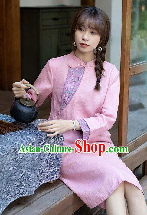 China Zen Costume Traditional Young Lady Pink Flax Qipao Dress Classical Embroidered Cheongsam