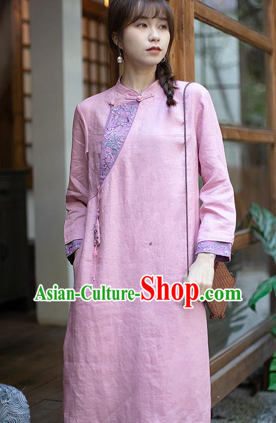 China Zen Costume Traditional Young Lady Pink Flax Qipao Dress Classical Embroidered Cheongsam