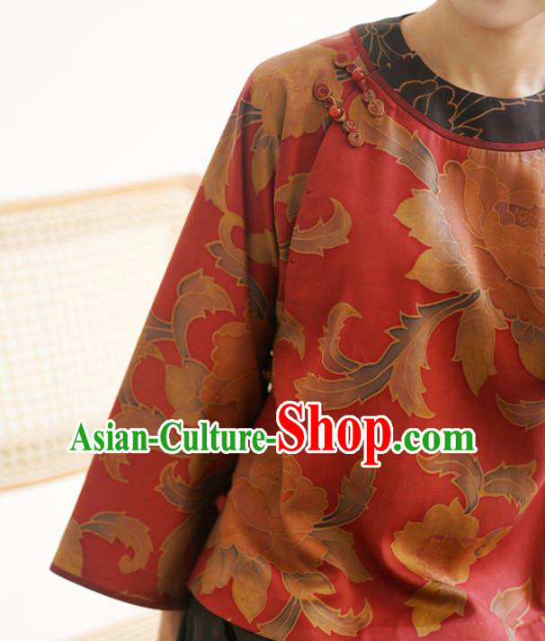 China Traditional Red Watered Gauze Upper Outer Garment Classical Cheongsam Shirt National Silk Shirt