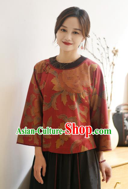China Traditional Red Watered Gauze Upper Outer Garment Classical Cheongsam Shirt National Silk Shirt