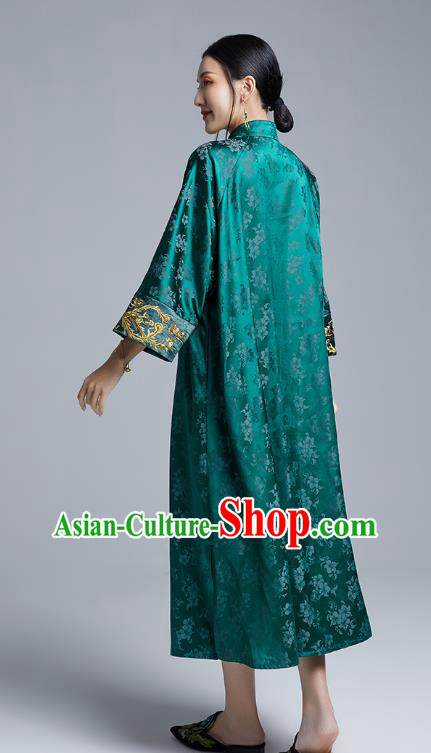 China Classical Embroidered Cheongsam Costume Traditional Young Lady Deep Green Silk Qipao Dress