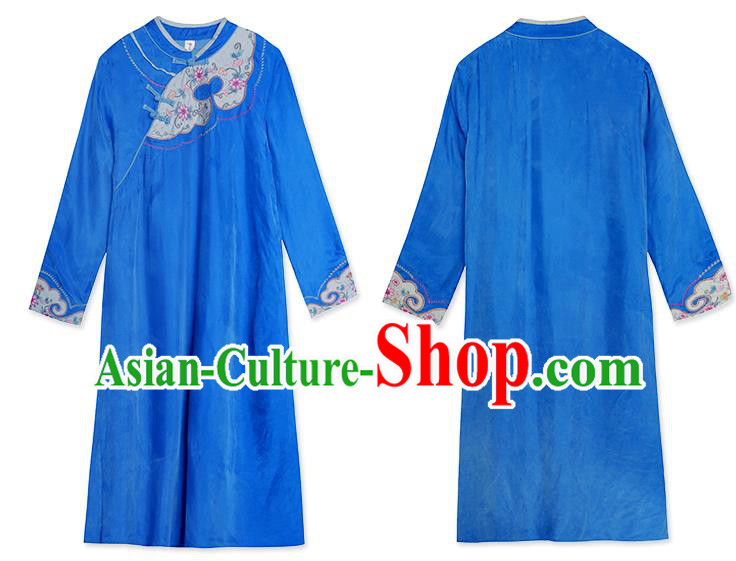 China Classical Embroidered Slant Opening Cheongsam Traditional Young Lady Royallbue Qipao Dress