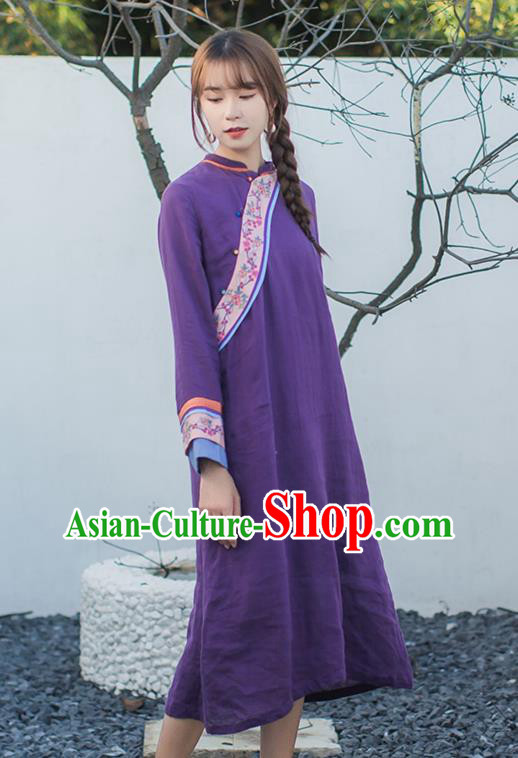 China Classical Embroidered Purple Cheongsam Traditional Young Lady Slant Opening Qipao Dress