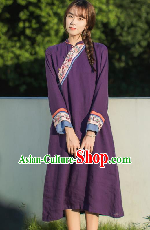 China Classical Embroidered Purple Cheongsam Traditional Young Lady Slant Opening Qipao Dress