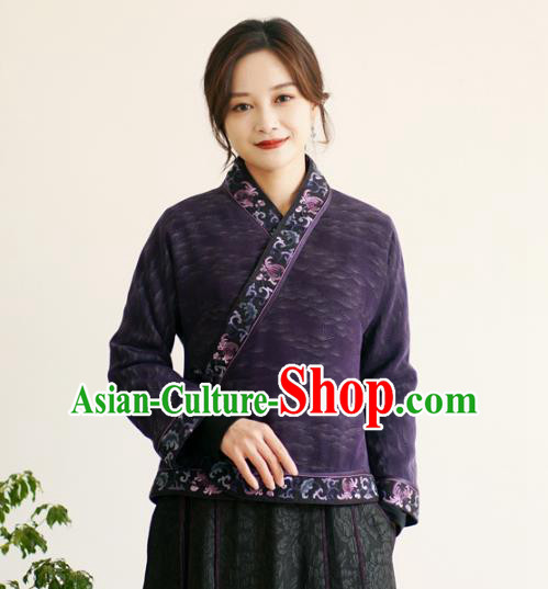 China Classical Embroidered Slant Opening Jacket National Purple Silk Short Coat