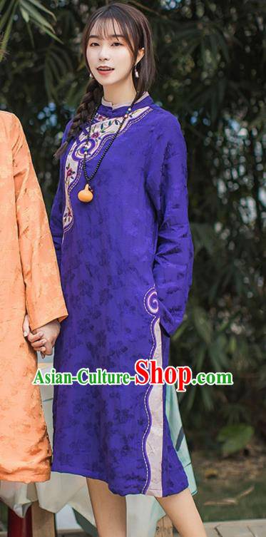 China Traditional Young Lady Slant Opening Qipao Dress Classical Embroidered Purple Cheongsam