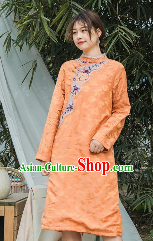 China Traditional Young Lady Qipao Dress Classical Embroidered Orange Cheongsam Costume