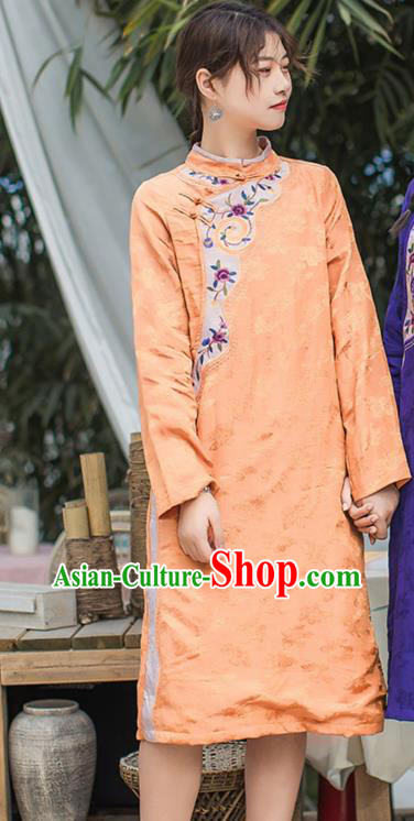China Traditional Young Lady Qipao Dress Classical Embroidered Orange Cheongsam Costume