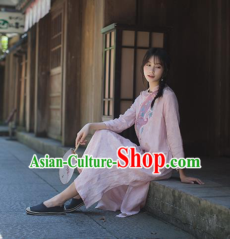 China Classical Cheongsam Costume Traditional Tang Suit Young Woman Embroidered Pink Flax Qipao Dress