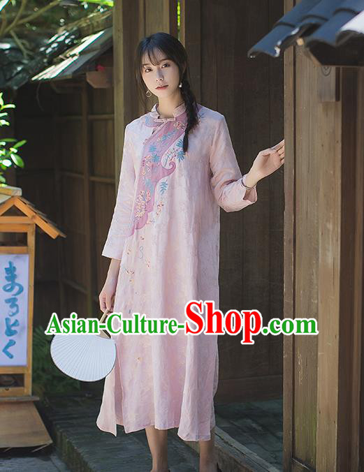China Classical Cheongsam Costume Traditional Tang Suit Young Woman Embroidered Pink Flax Qipao Dress