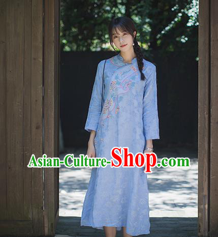 China Classical Blue Flax Cheongsam Costume Traditional Tang Suit Young Woman Embroidered Qipao Dress