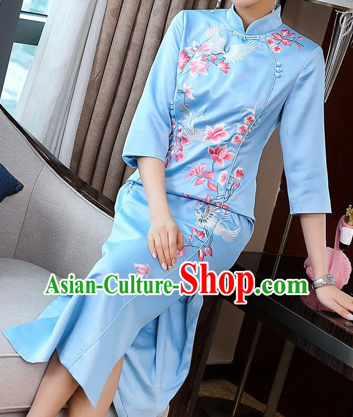 China Tang Suit Qipao Dress Traditional Young Woman Costume Classical Embroidered Blue Satin Cheongsam