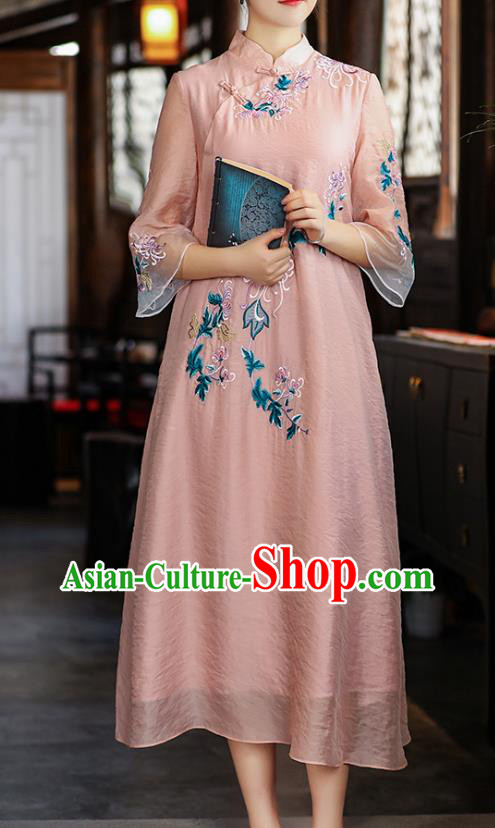 China Tang Suit Pink Tencel Qipao Dress Classical Embroidered Chrysanthemum Cheongsam Traditional Young Woman Costume
