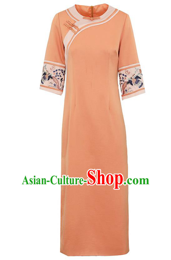 China Tang Suit Orange Silk Qipao Dress Classical Embroidered Cheongsam Traditional National Woman Costume