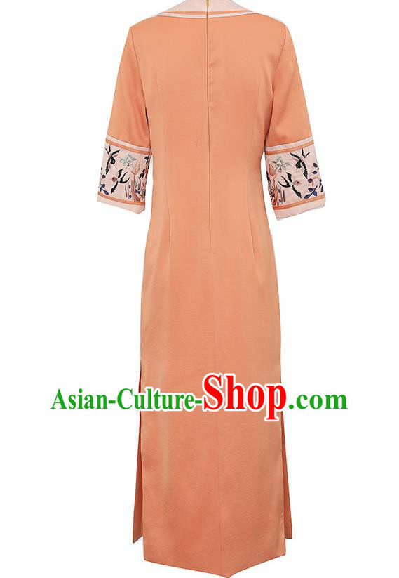 China Tang Suit Orange Silk Qipao Dress Classical Embroidered Cheongsam Traditional National Woman Costume