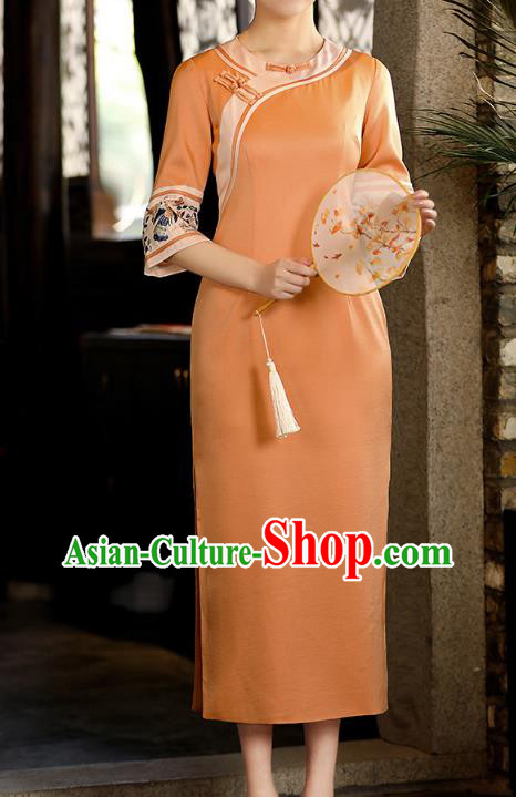 China Tang Suit Orange Silk Qipao Dress Classical Embroidered Cheongsam Traditional National Woman Costume