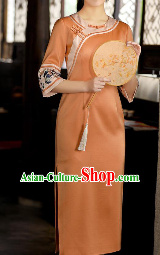 China Tang Suit Orange Silk Qipao Dress Classical Embroidered Cheongsam Traditional National Woman Costume