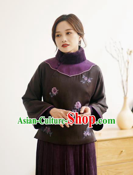China Winter Women Embroidered Cotton Wadded Coat National Silk Slant Opening Jacket