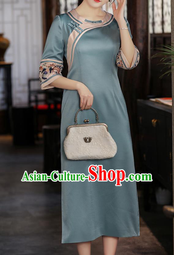 China Classical Embroidered Cheongsam Traditional National Woman Costume Tang Suit Blue Silk Qipao Dress