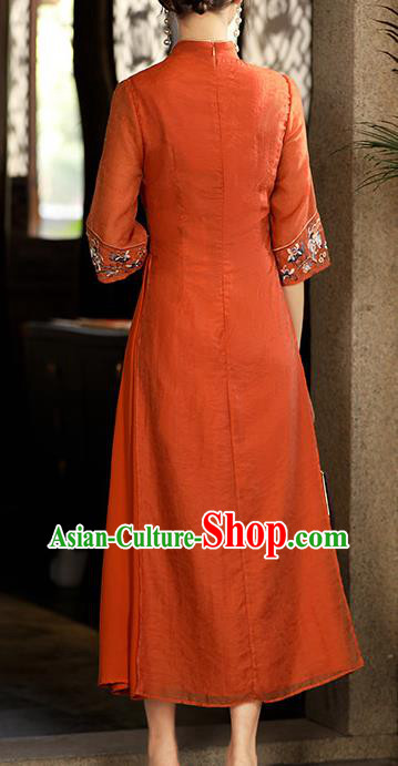 China Classical Embroidered Cheongsam Traditional National Zen Costume Tang Suit Jacinth Tencel Qipao Dress