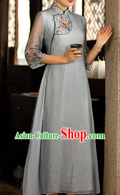 China Traditional National Zen Costume Tang Suit Blue Tencel Qipao Dress Classical Embroidered Cheongsam