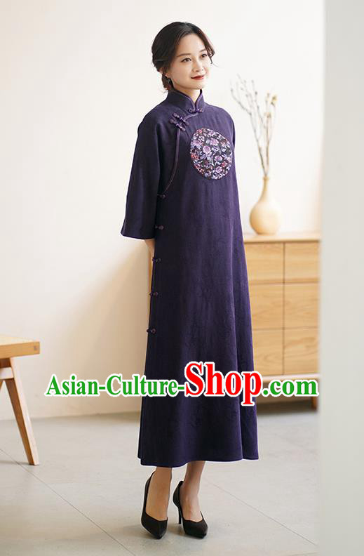 Top Purple Silk Long Cheongsam China Classical Embroidered Qipao Dress Clothing