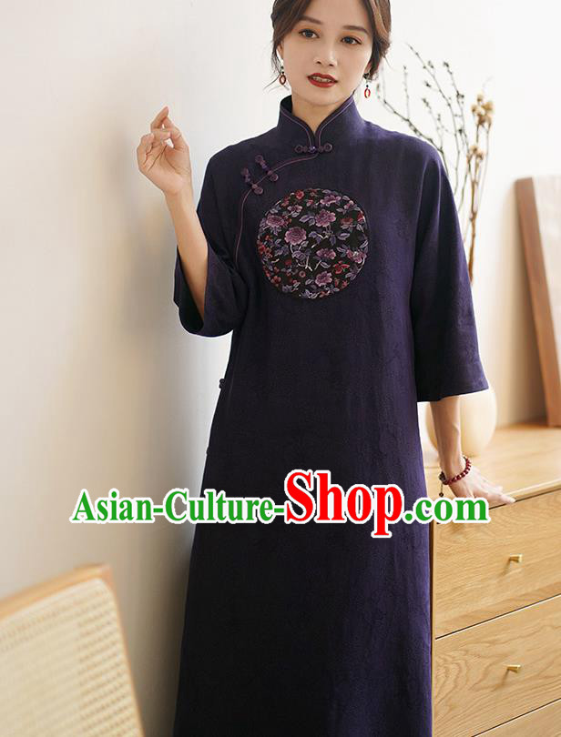 Top Purple Silk Long Cheongsam China Classical Embroidered Qipao Dress Clothing
