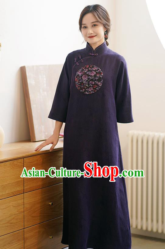 Top Purple Silk Long Cheongsam China Classical Embroidered Qipao Dress Clothing