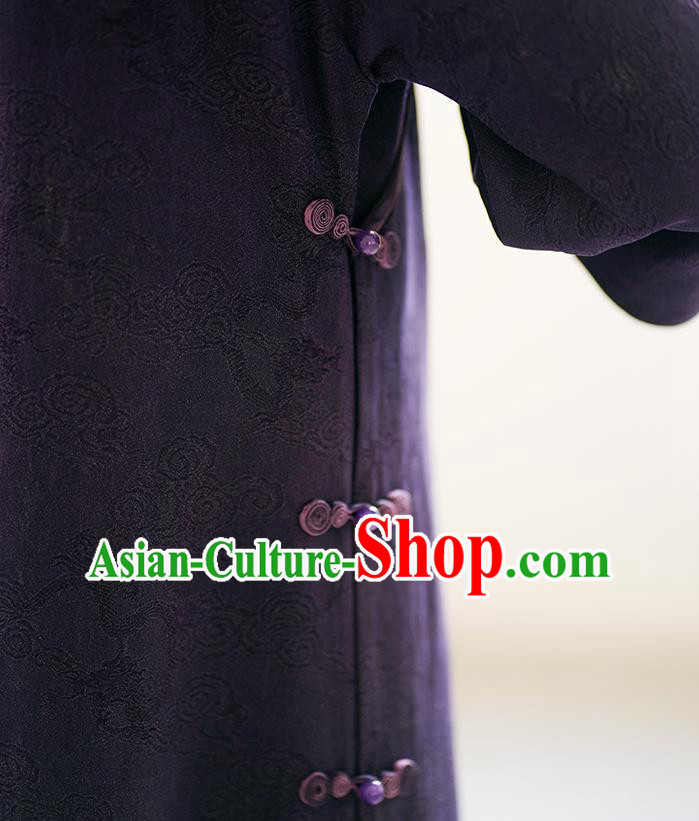 Top Purple Silk Long Cheongsam China Classical Embroidered Qipao Dress Clothing