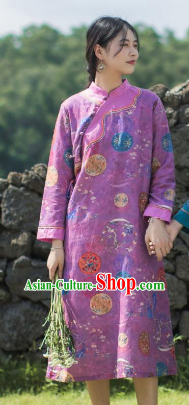 China Traditional Tang Suit Young Lady Qipao Dress Classical Printing Purple Flax Cheongsam