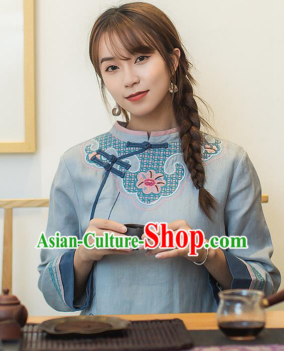 China Traditional Young Lady Light Blue Flax Qipao Dress Classical Embroidered Cheongsam