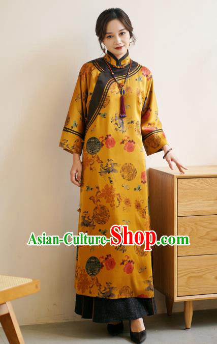 Top Yellow Gambiered Guangdong Gauze Cheongsam China Classical Crane Peony Pattern Design Silk Qipao Dress