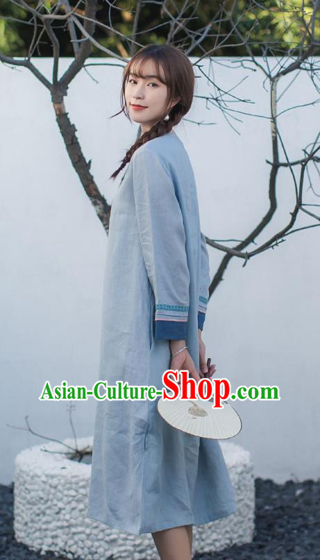China Traditional Young Lady Light Blue Flax Qipao Dress Classical Embroidered Cheongsam