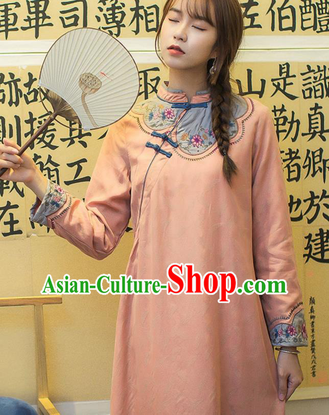 China Classical Embroidered Cheongsam Traditional Young Lady Orange Qipao Dress