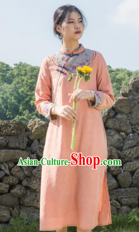 China Classical Embroidered Cheongsam Traditional Young Lady Orange Qipao Dress