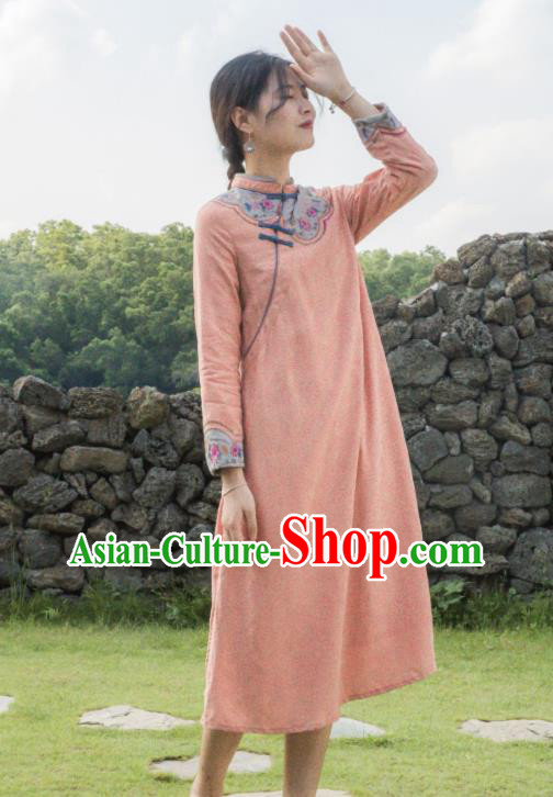 China Classical Embroidered Cheongsam Traditional Young Lady Orange Qipao Dress